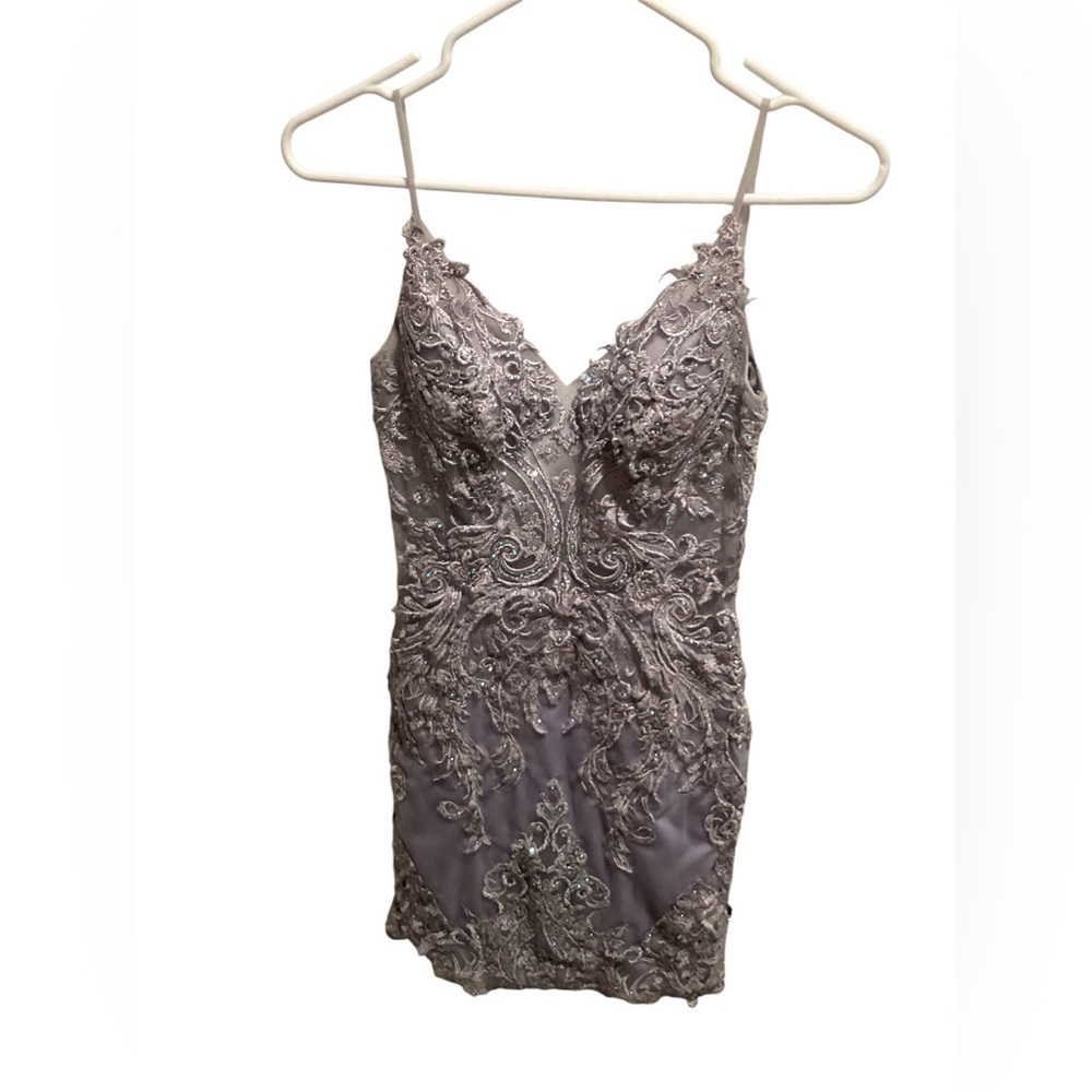 Silver Grey Lace Sequin Homecoming Prom Dress Open Back Mini Size 00